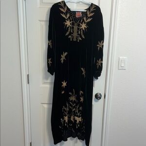 Johnny Was Black and Gold Embellished Gown with Bishop Sleeves